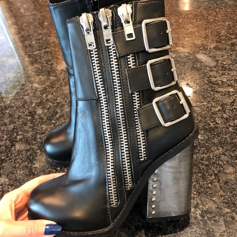 New Jeffery Campbell Lawery zipper buckle leather black heel womens boots size 6